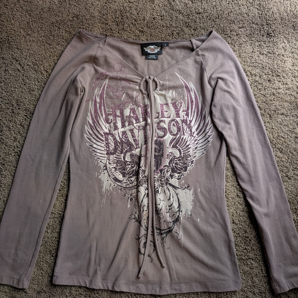 Harley-Davidson Gray Long Sleeve Tie Front Blouse